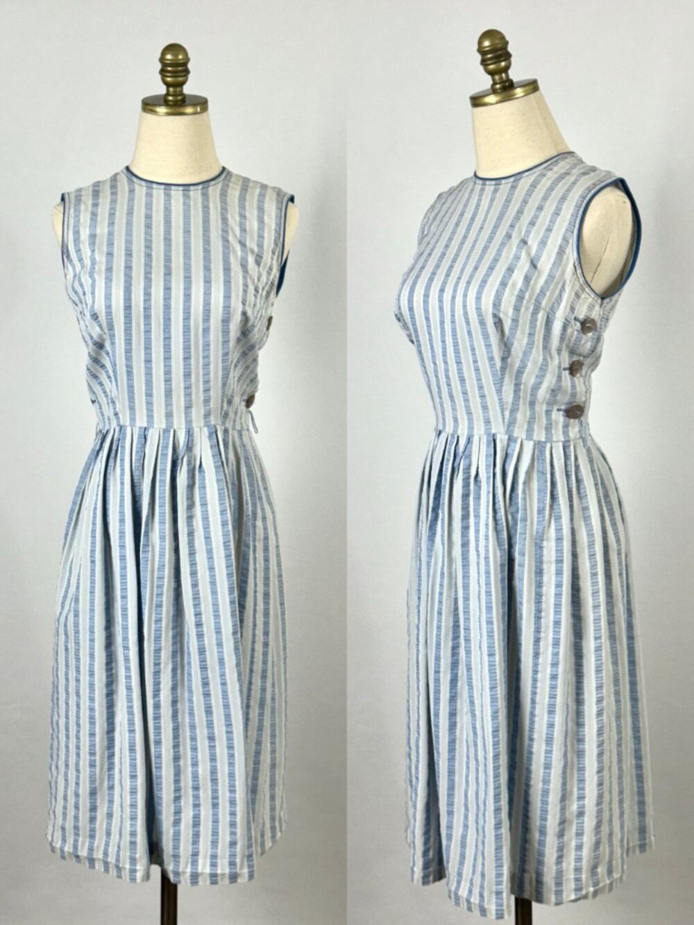 Vtg 50s 60s Blue Vertical Stripe Sleeveless Dress Buttons MCM Mid Century ILGWU